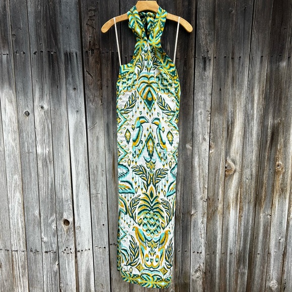 NWT Farm Rio Tropical Tapestry Halter Linen Maxi Sun Dress Off White Green M
